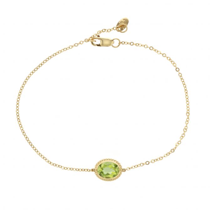 14K Yellow Gold Oval Peridot Rope Bezel Set Bracelet, 7.5"