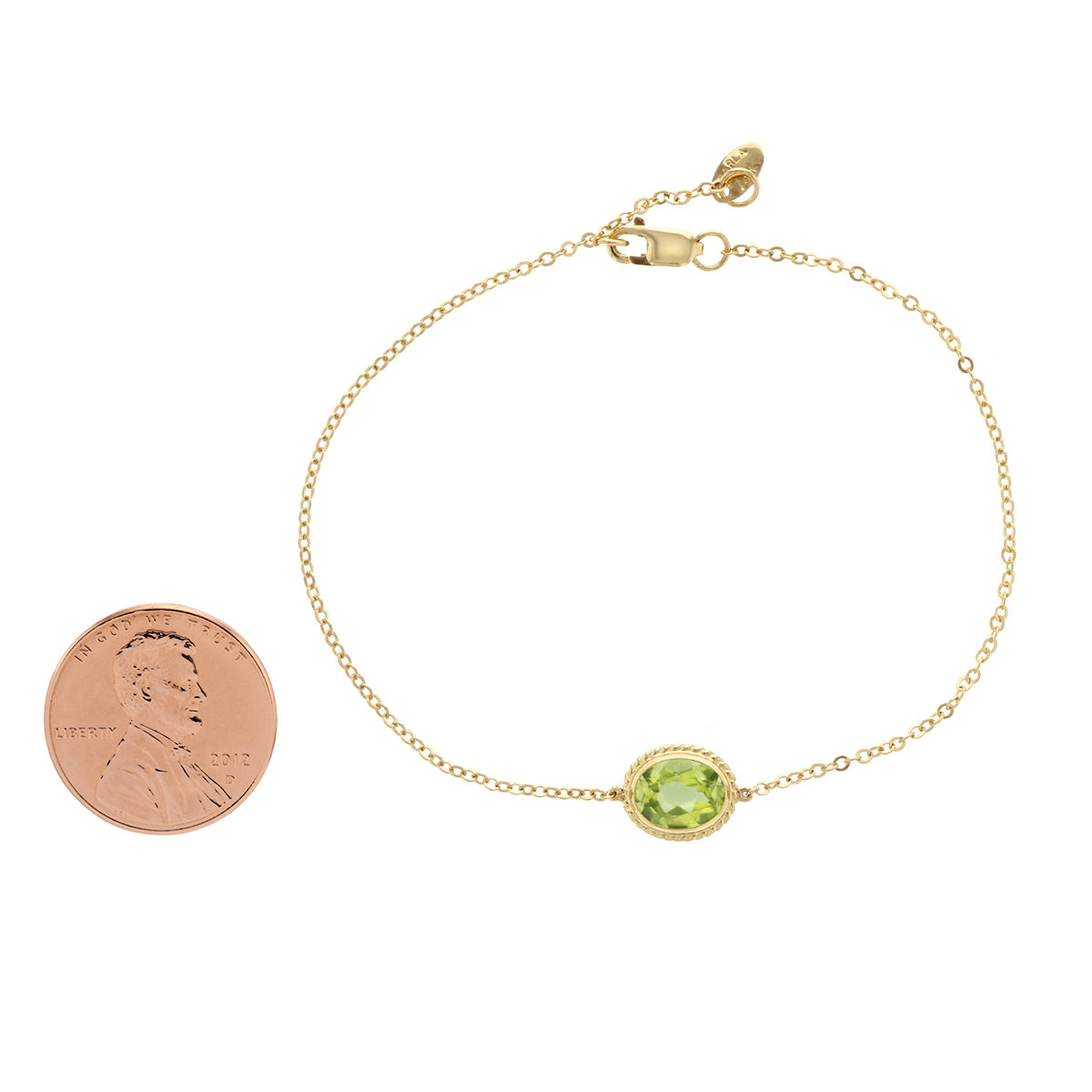 14K Yellow Gold Oval Peridot Rope Bezel Set Bracelet, 7.5