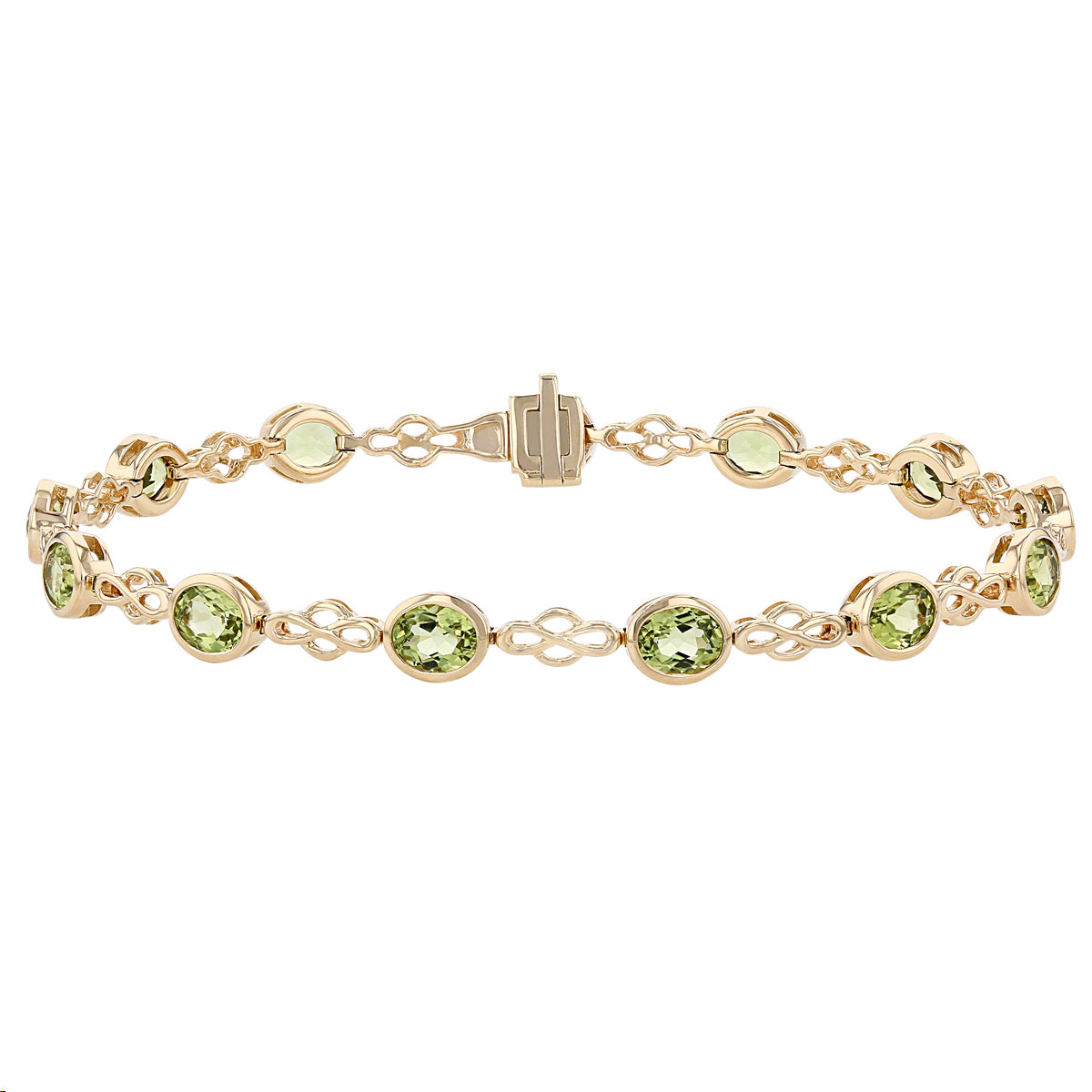 Oval Peridot 13 Stone Lace Link Bracelet in Yellow Gold