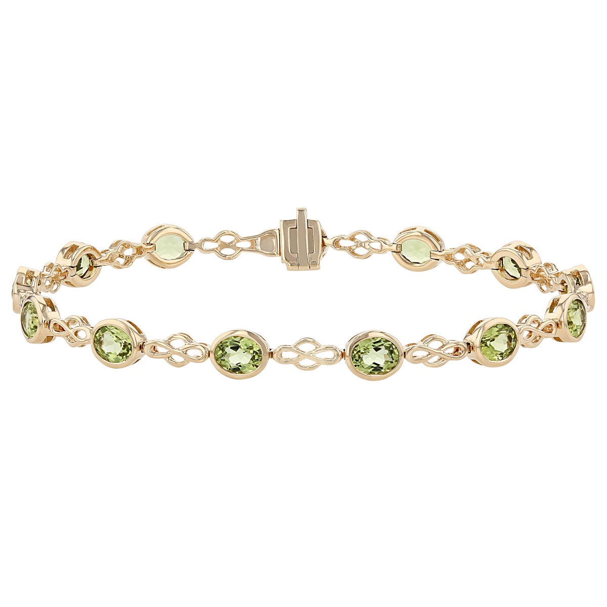 Oval Peridot 13 Stone Lace Link Bracelet in Yellow Gold