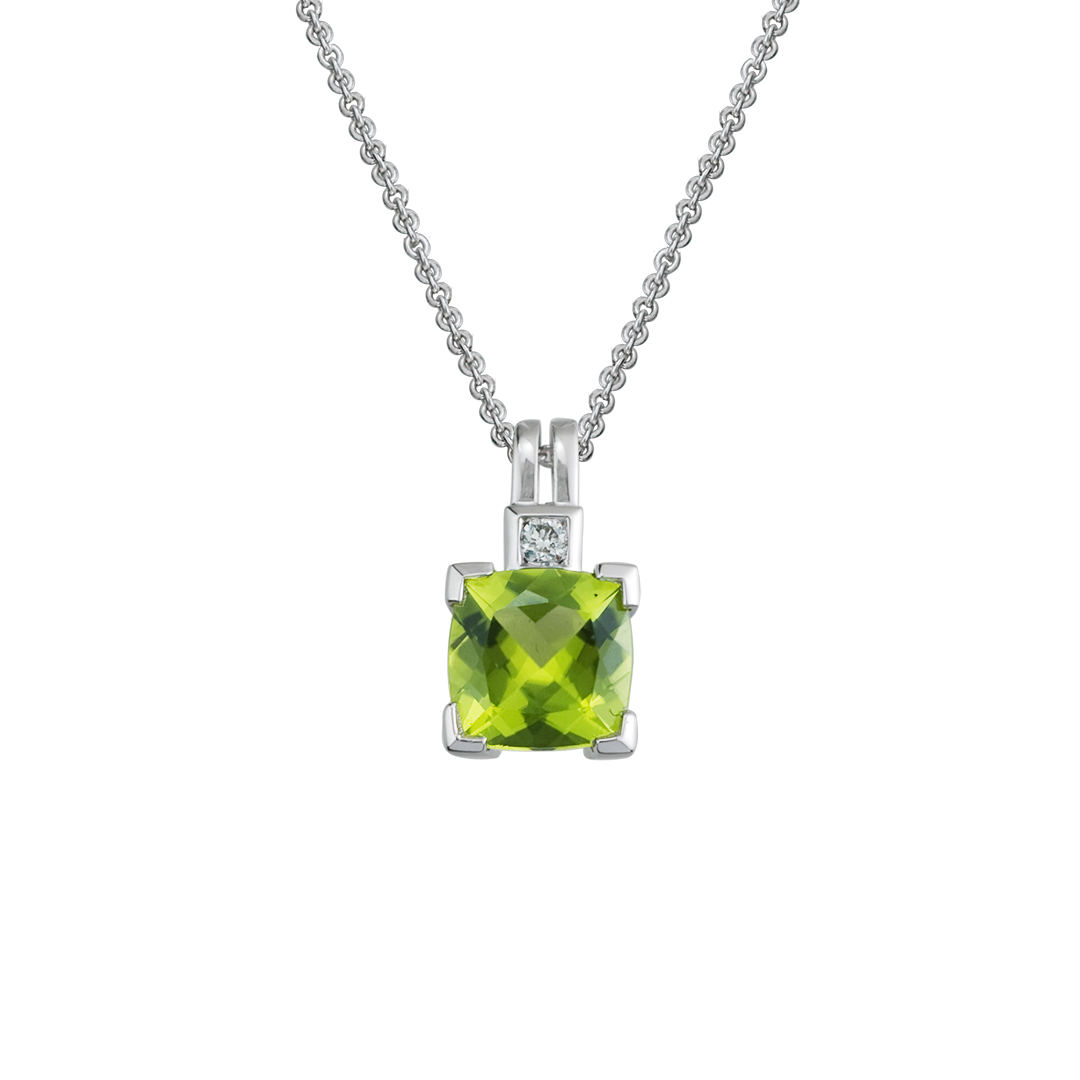 14K White Gold Cushion Peridot & Diamond Pendant, 16-18