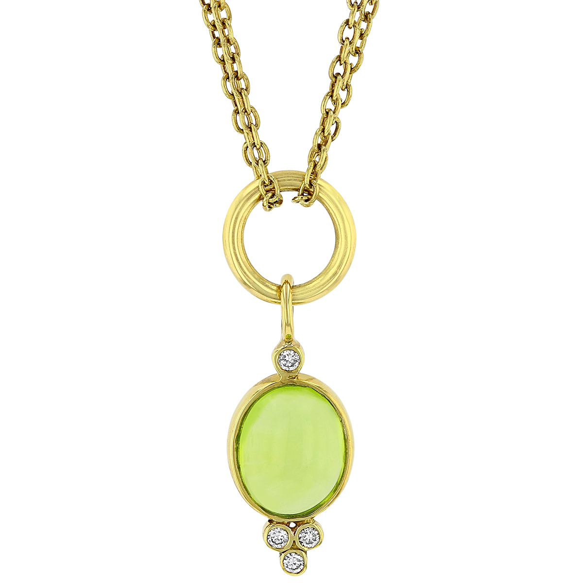 Oval Peridot Cabochon & Diamond Drop Pendant in Yellow Gold, 16.5