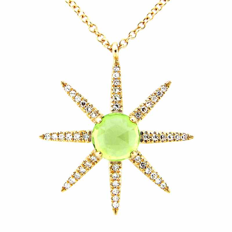 Round Peridot & Diamond 8 Pointed Starburst Pendant in Yellow Gold, 18