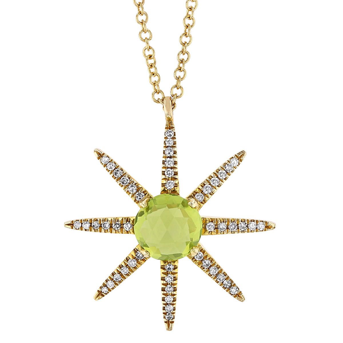 Round Peridot & Diamond 8 Pointed Starburst Pendant in Yellow Gold, 18