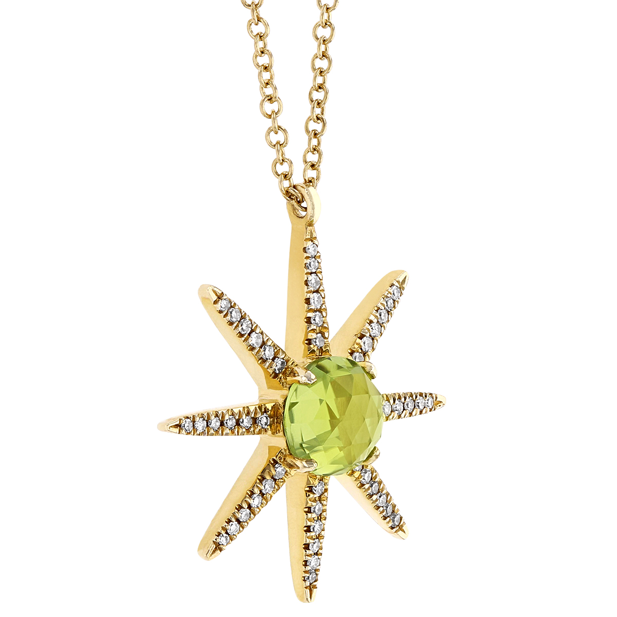 Round Peridot & Diamond 8 Pointed Starburst Pendant in Yellow Gold, 18