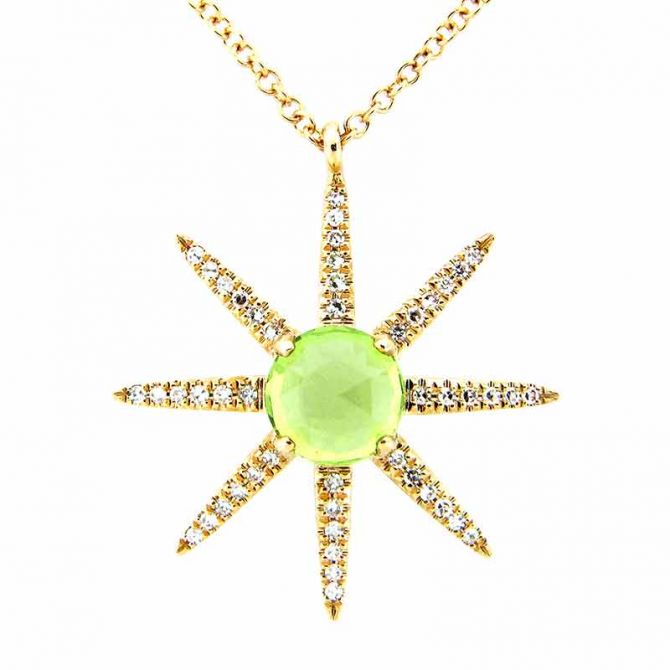 Round Peridot & Diamond 8 Pointed Starburst Pendant in Yellow Gold, 18"