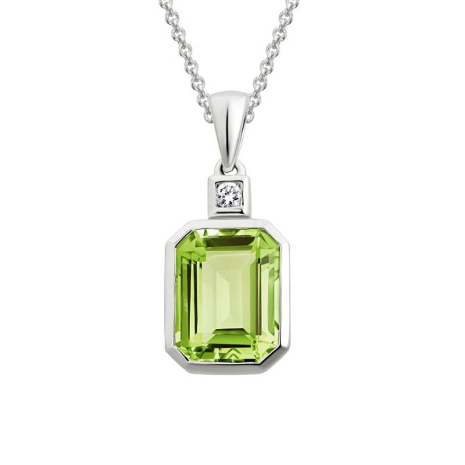 Emerald Cut Peridot Pendant with Diamond Bail in Yellow Gold, 18"