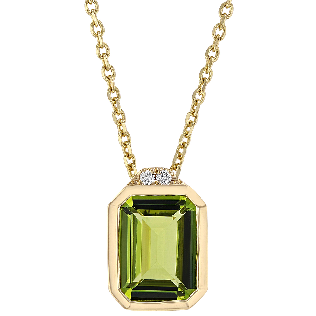 Emerald Cut Peridot Bezel Set Pendant with 2 Diamond Accent in Yellow Gold, 18
