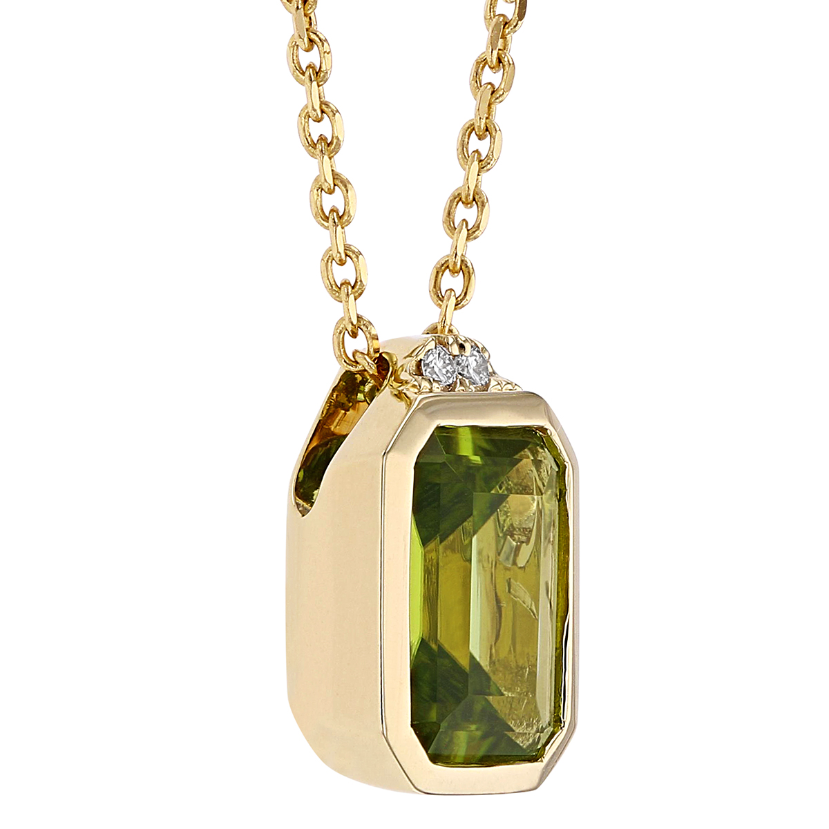 Emerald Cut Peridot Bezel Set Pendant with 2 Diamond Accent in Yellow Gold, 18