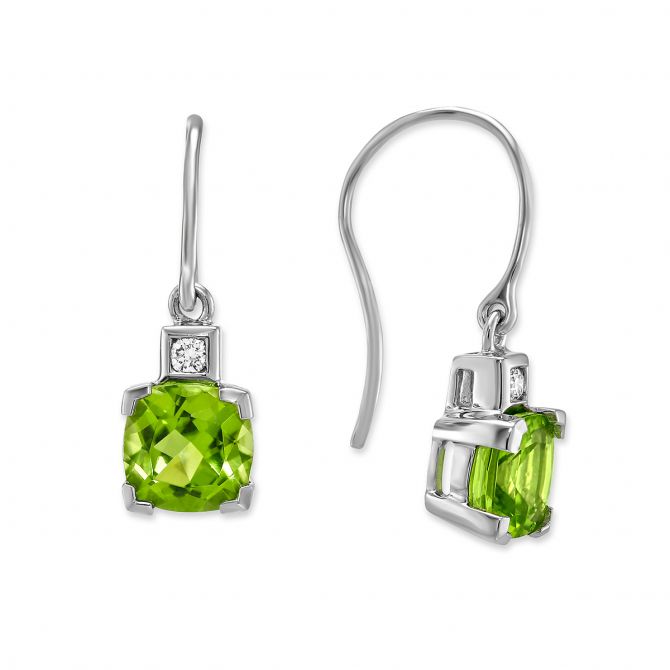 Checkerboard Cushion Peridot and Round Diamond Earrings in White Gold