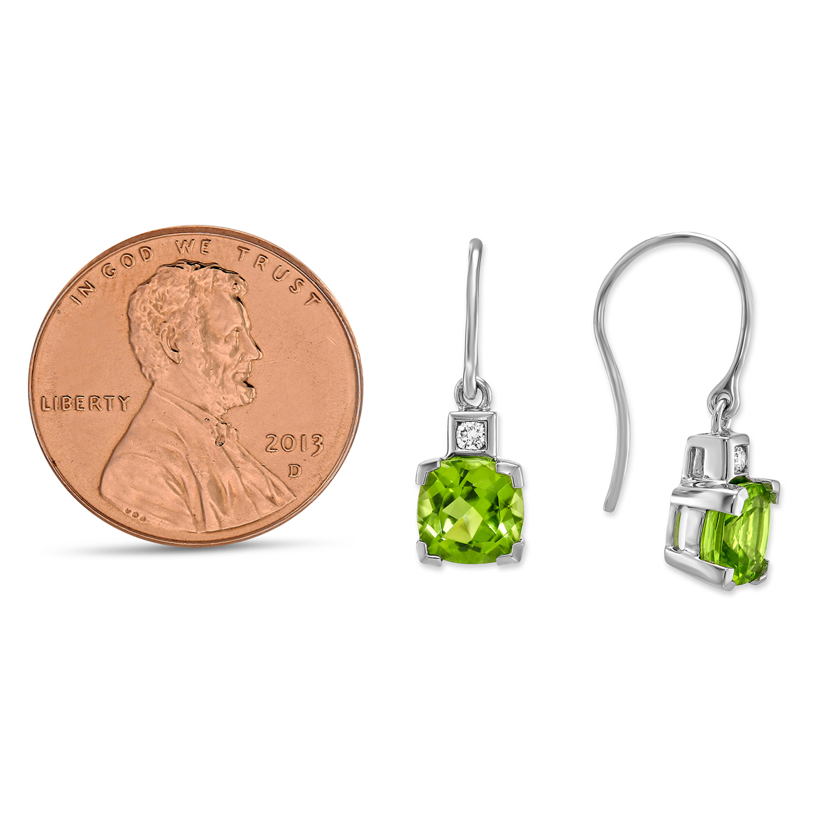Checkerboard Cushion Peridot and Round Diamond Earrings in White Gold
