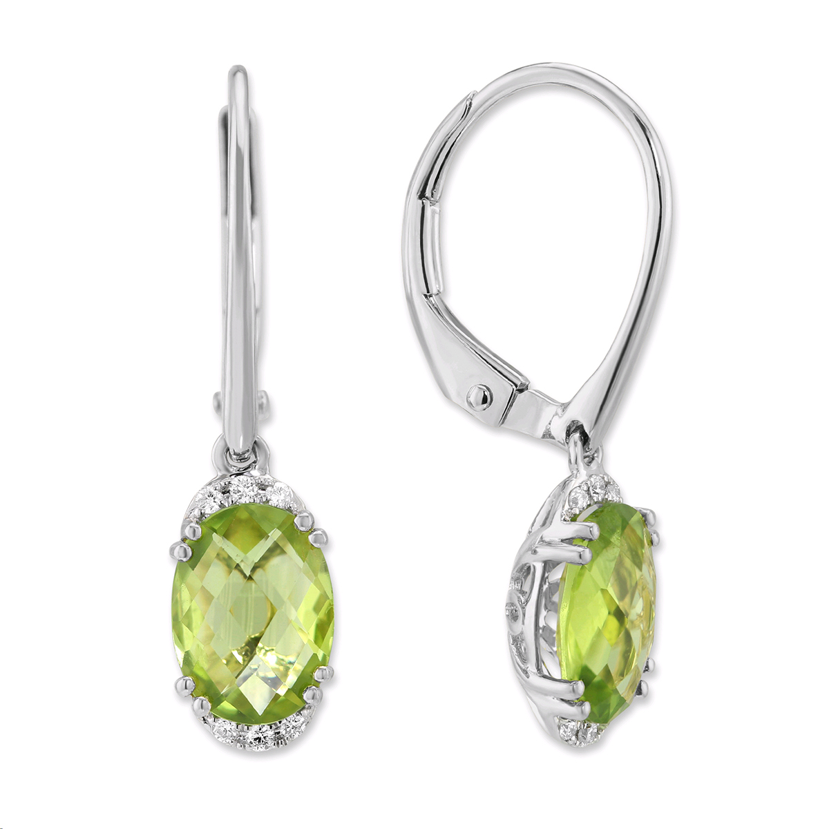 14K White Gold Oval Peridot & Diamond Drop Earrings