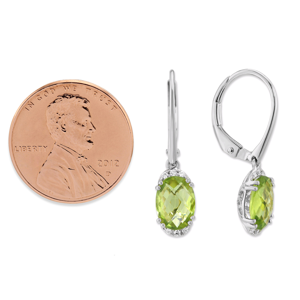 14K White Gold Oval Peridot & Diamond Drop Earrings