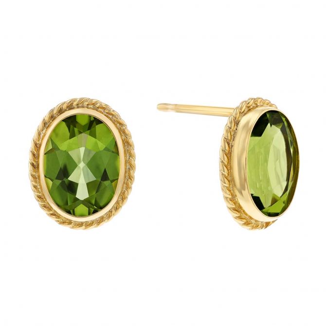 Green Peridot Earrings 14k Yellow Gold 6x4 Oval Bezel Peridot