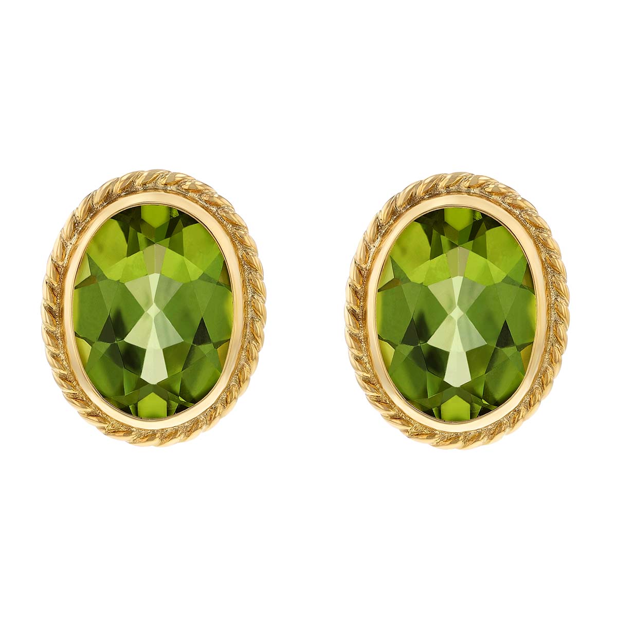 Oval Peridot Twisted Bezel Post Earrings in Yellow Gold