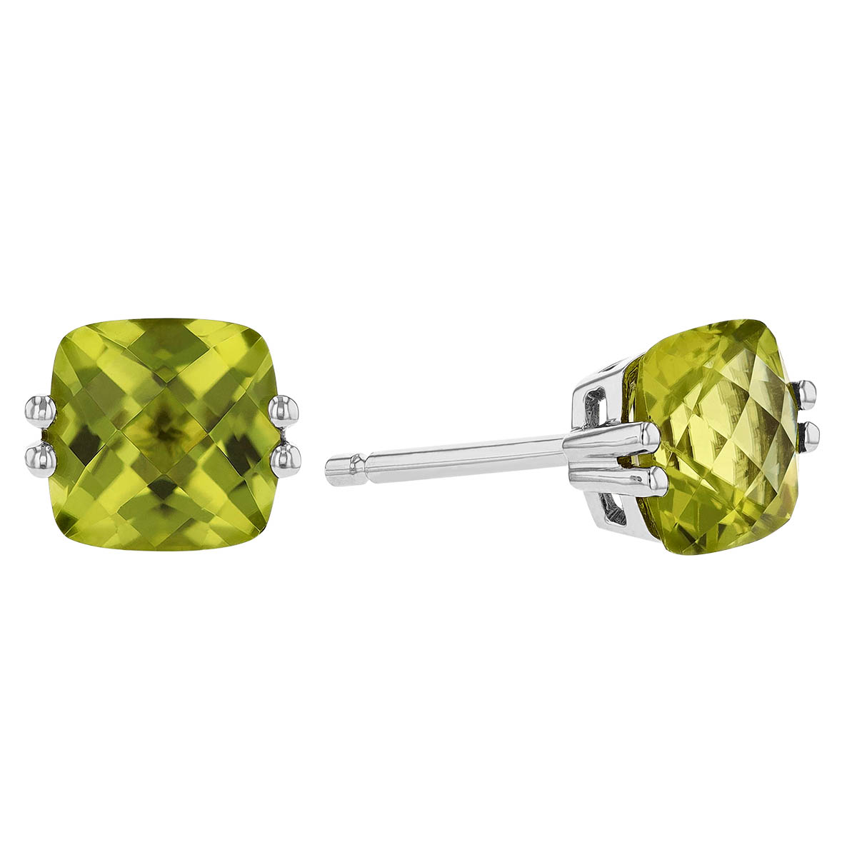 Checkerboard Cushion Peridot Earrings in White Gold