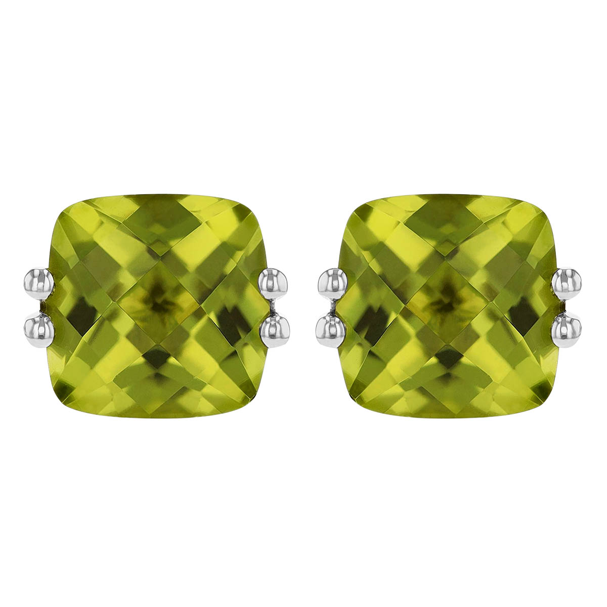 Checkerboard Cushion Peridot Earrings in White Gold