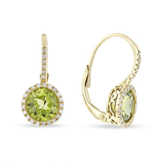 14k Rose Gold Round Peridot Diamond Halo Leverback Earrings 14k Rose Gold Round Peridot Diamond Halo Leverback Earrings
