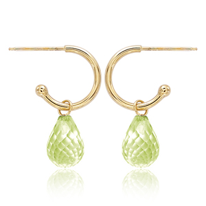 Briolette Checkerboard Peridot Drop Hoop Earrings in Yellow Gold
