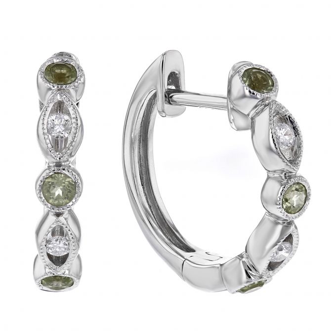 Peridot & Diamond Round & Navette Bezel Set Station Hoop Earrings in White Gold