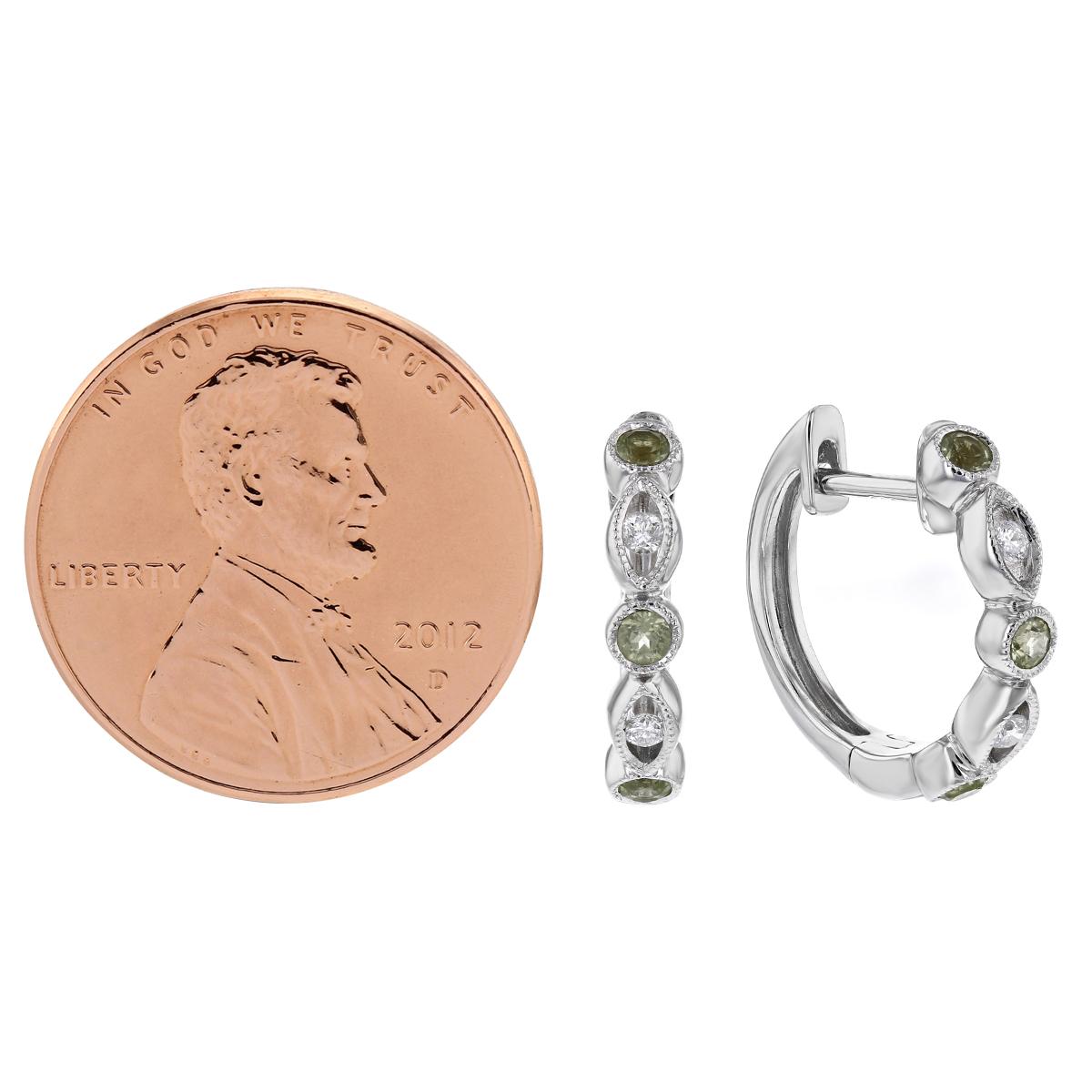 Peridot & Diamond Round & Navette Bezel Set Station Hoop Earrings in White Gold