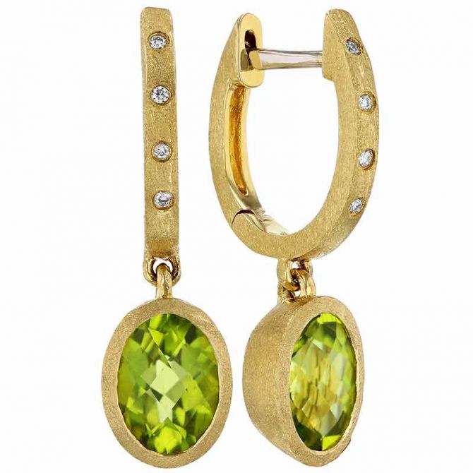 Oval Peridot Dangle Huggie Earrings in Matte Yellow Gold with Flush Set Diamonds