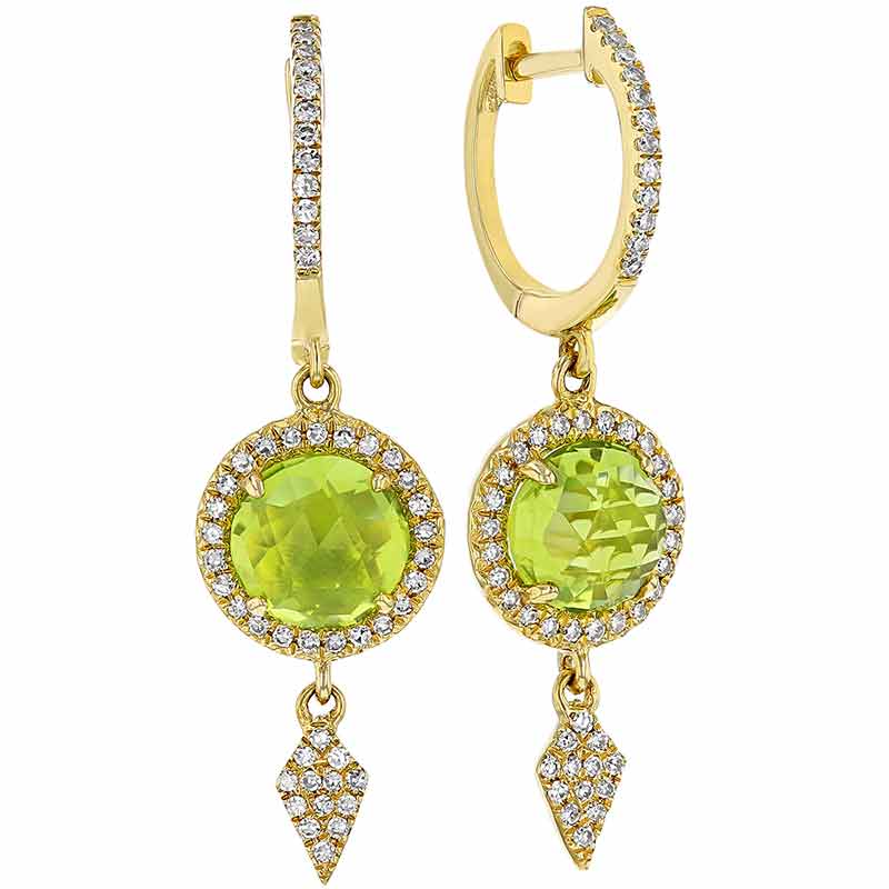 Round Rose Cut Peridot & Diamond Pavé Dangle Huggie Earrings in Yellow Gold