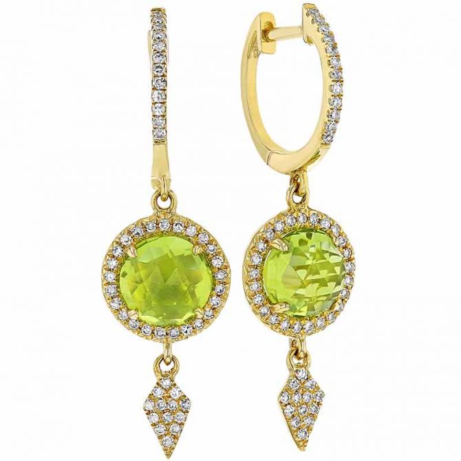 Round Rose Cut Peridot & Diamond Pavé Dangle Huggie Earrings in Yellow Gold