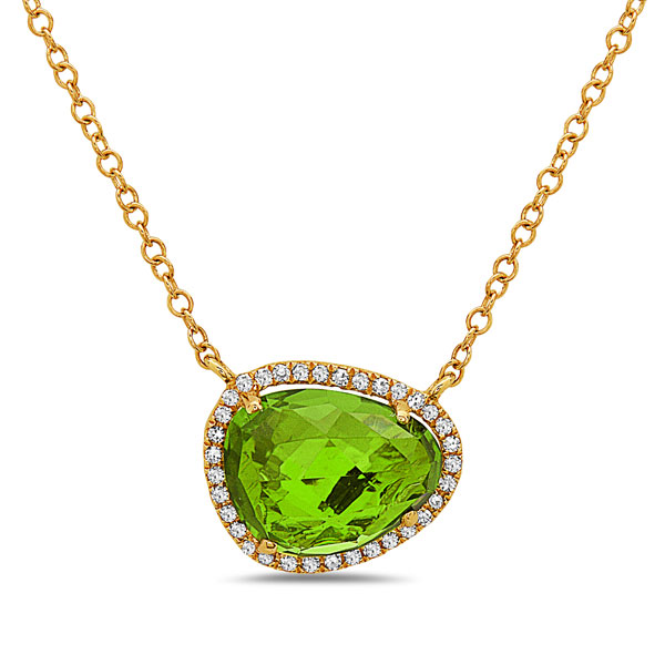 Freeform Checkerboard Peridot & Diamond Halo Pendant in Yellow Gold, 18"