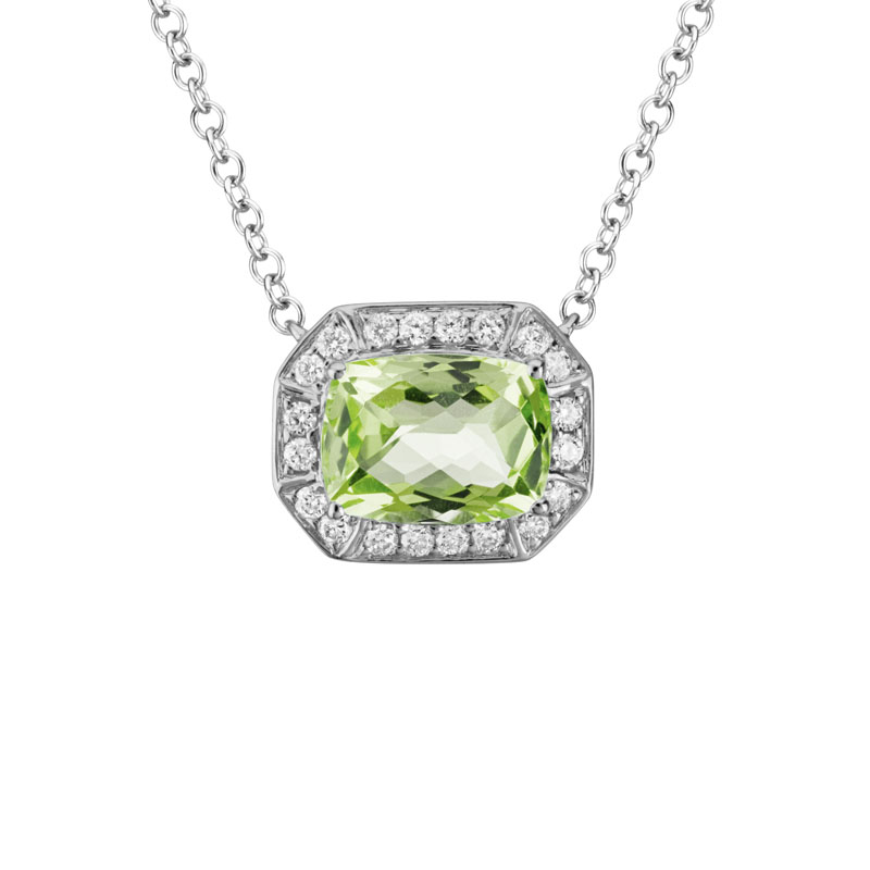 Cushion Peridot Octagon Necklace with Diamond Halo in White Gold, 18
