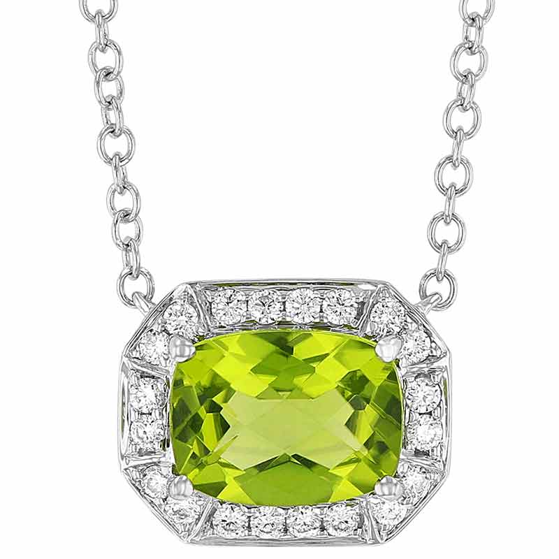 Cushion Peridot Octagon Necklace with Diamond Halo in White Gold, 18