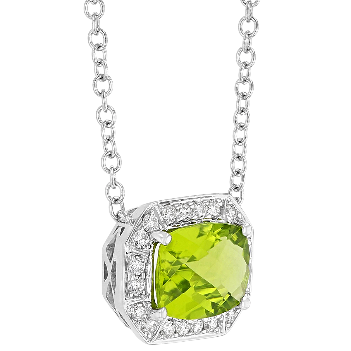 Cushion Peridot Octagon Necklace with Diamond Halo in White Gold, 18