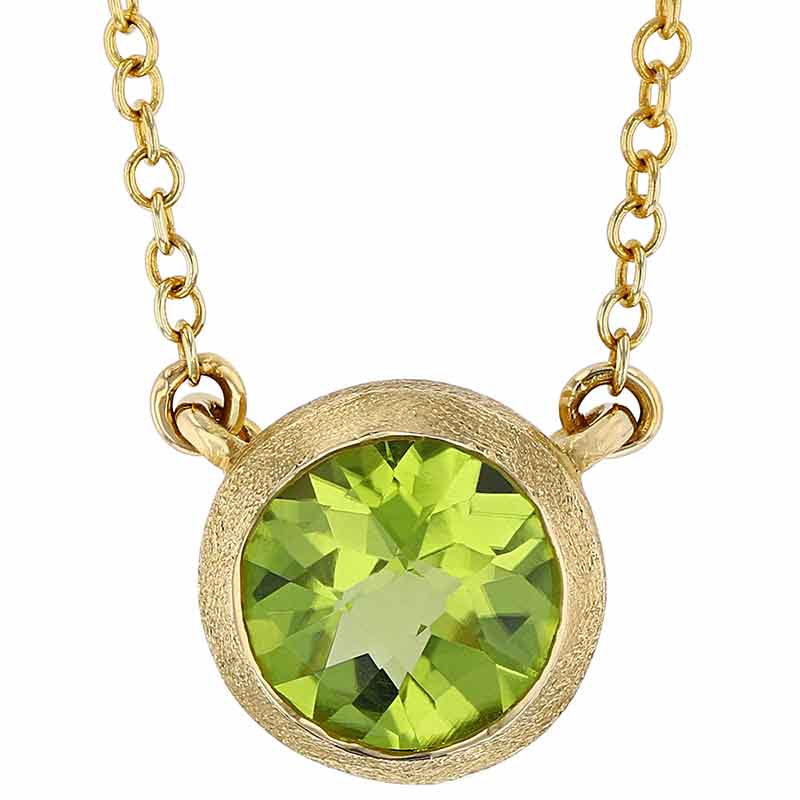 Round Peridot Necklace with Satin Finish Bezel in Yellow Gold, 18