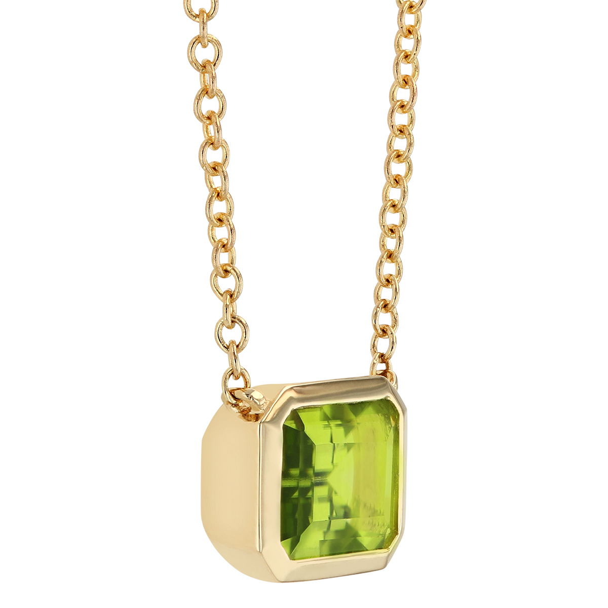 Emerald Cut Peridot Bezel Set Necklace in Yellow Gold, 18