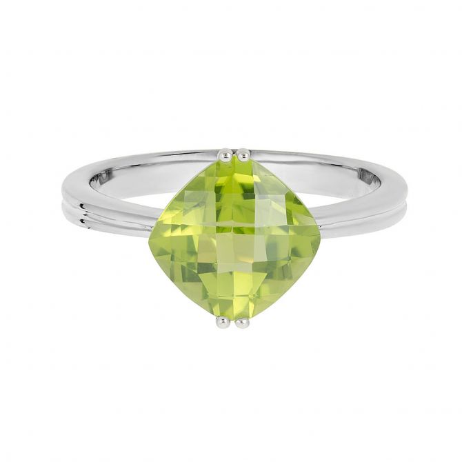 14K White Gold Checkerboard Cushion Peridot Ring