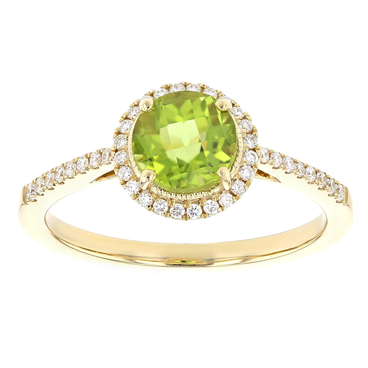 14K Yellow Gold Checkerboard Round Peridot & Diamond Halo Ring