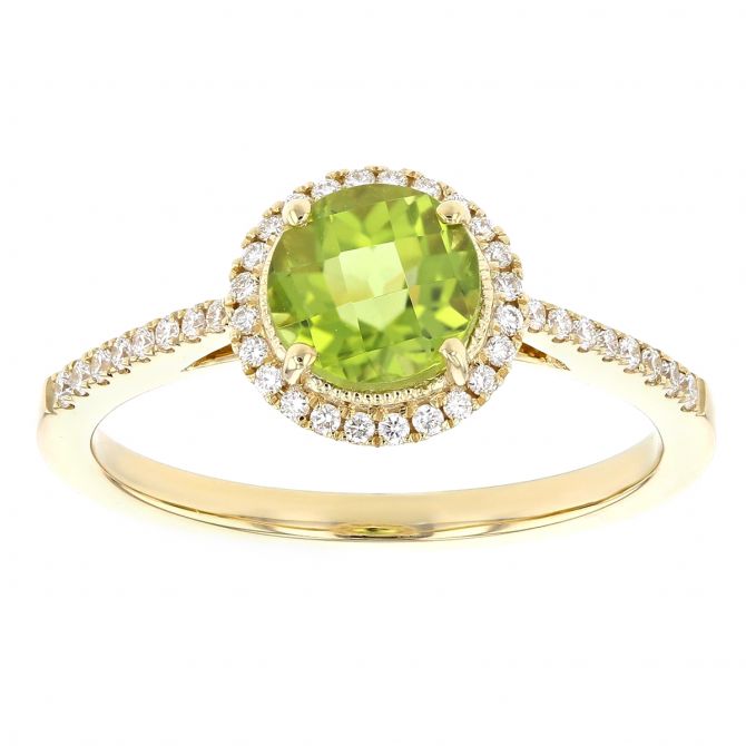 14K Yellow Gold Checkerboard Round Peridot & Diamond Halo Ring