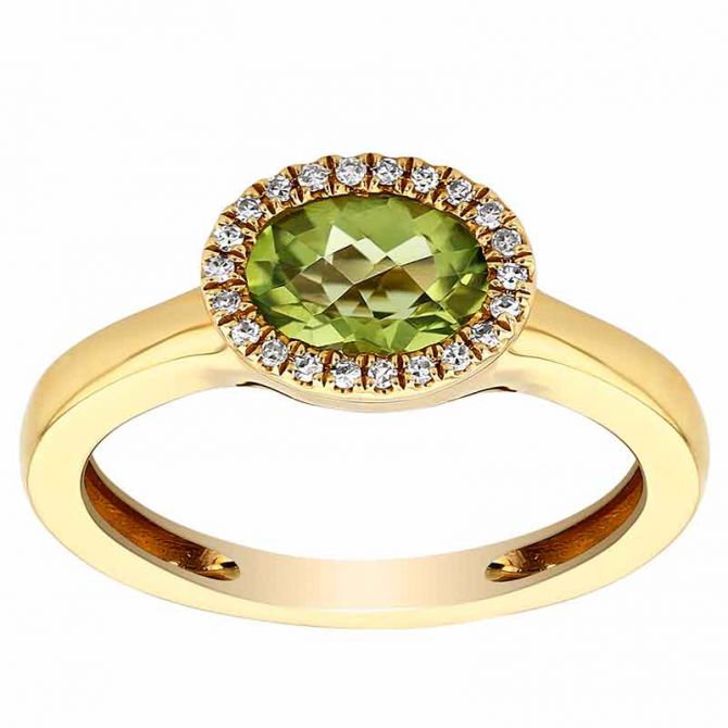 Oval Peridot & Diamond Halo East West Ring in Yellow Gold