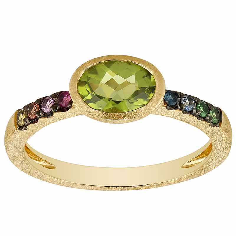 Oval Peridot Bezel Set Ring with Multicolored Sapphires in Matte Yellow Gold