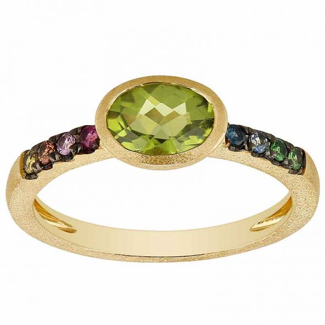 Oval Peridot Bezel Set Ring with Multicolored Sapphires in Matte Yellow Gold