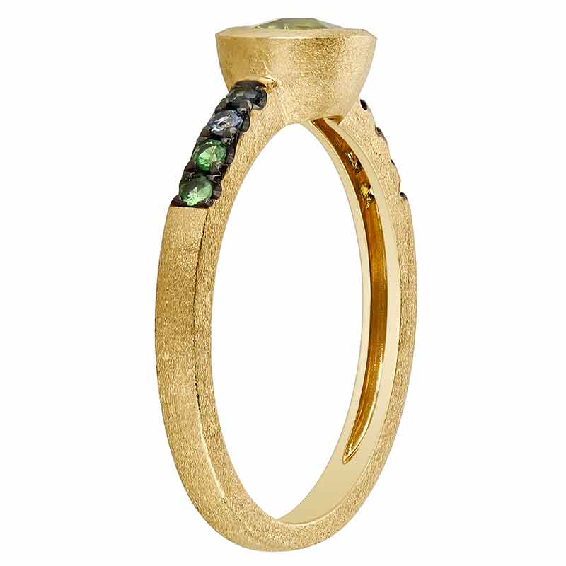 Oval Peridot Bezel Set Ring with Multicolored Sapphires in Matte Yellow Gold