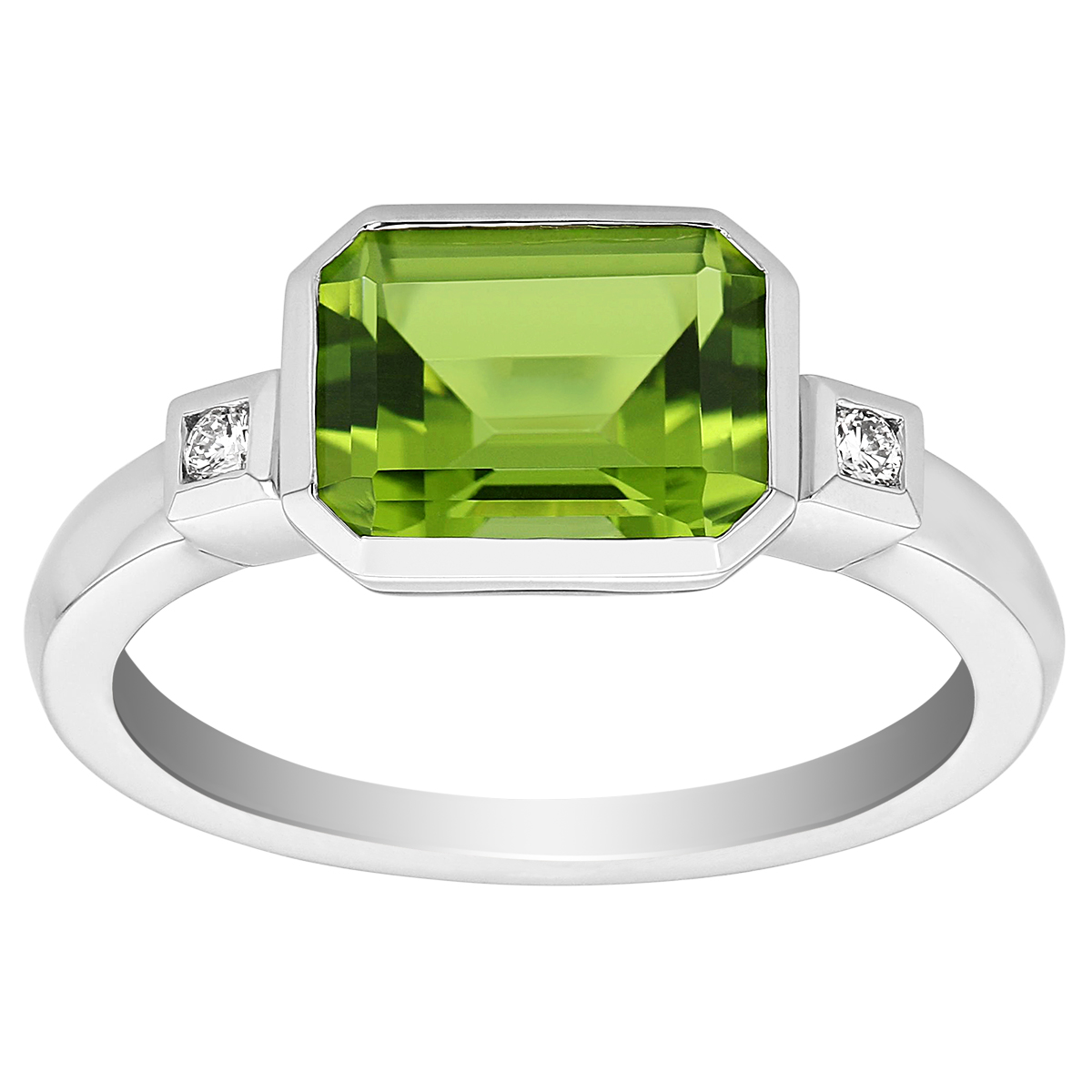 Emerald Cut Peridot Bezel Set Ring with Diamond Side Stones in White Gold Borsheims