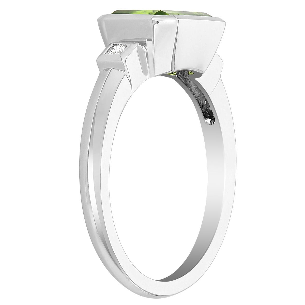 Emerald Cut Peridot Bezel Set Ring with Diamond Side Stones in White Gold