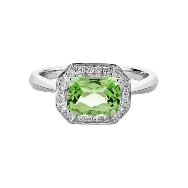 Cushion Peridot & Diamond Halo Octagon Ring in White Gold