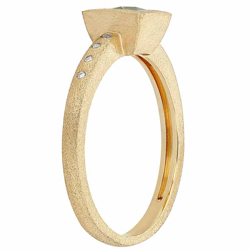 Square Peridot Bezel Set Ring in Satin Yellow Gold with Diamond Sides