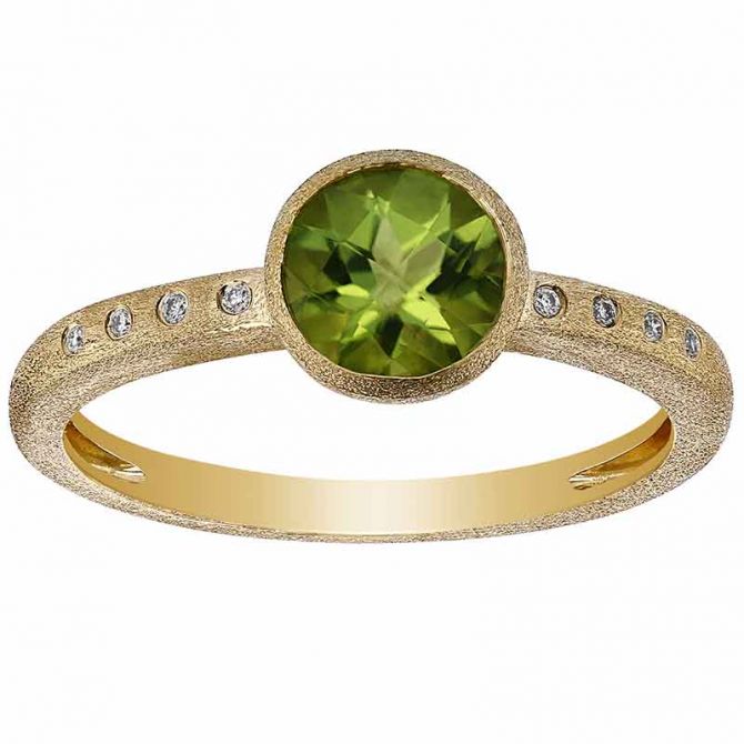 Round Peridot Bezel Set Ring in Yellow Gold with Flush Set Diamond Sides