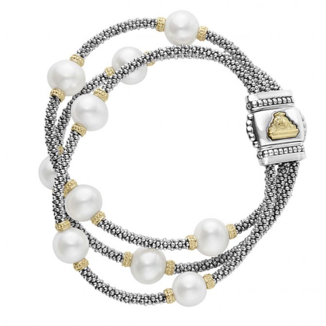 LAGOS 18K Yellow Gold Sterling Silver Triple Row White Freshwater Cultured Pearl Bracelet