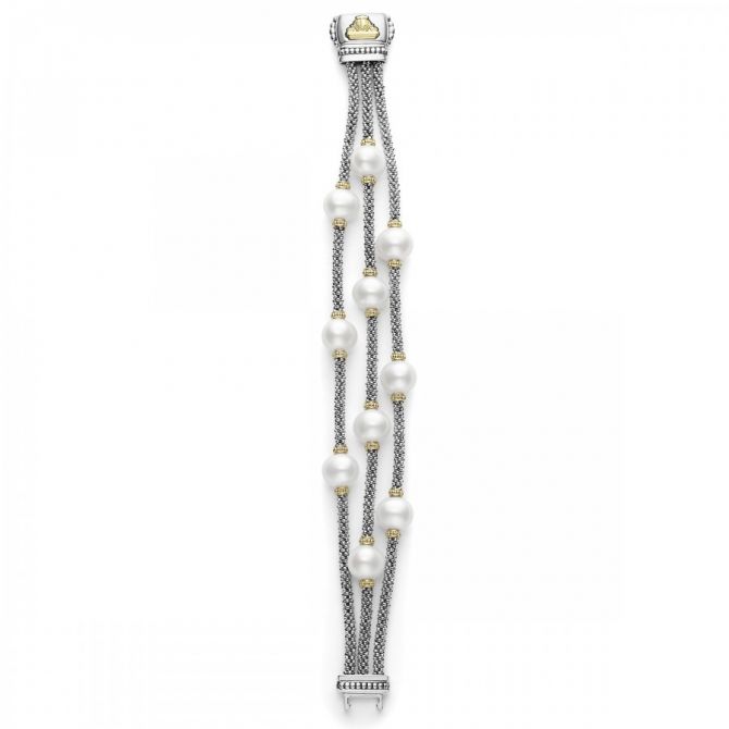 LAGOS 18K Yellow Gold Sterling Silver Triple Row White Freshwater Cultured Pearl Bracelet