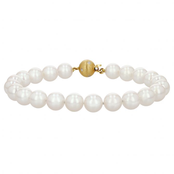 TARA Pearls White Cultured Pearl Bracelet with Satin Yellow Gold Diamond Clasp, 8"