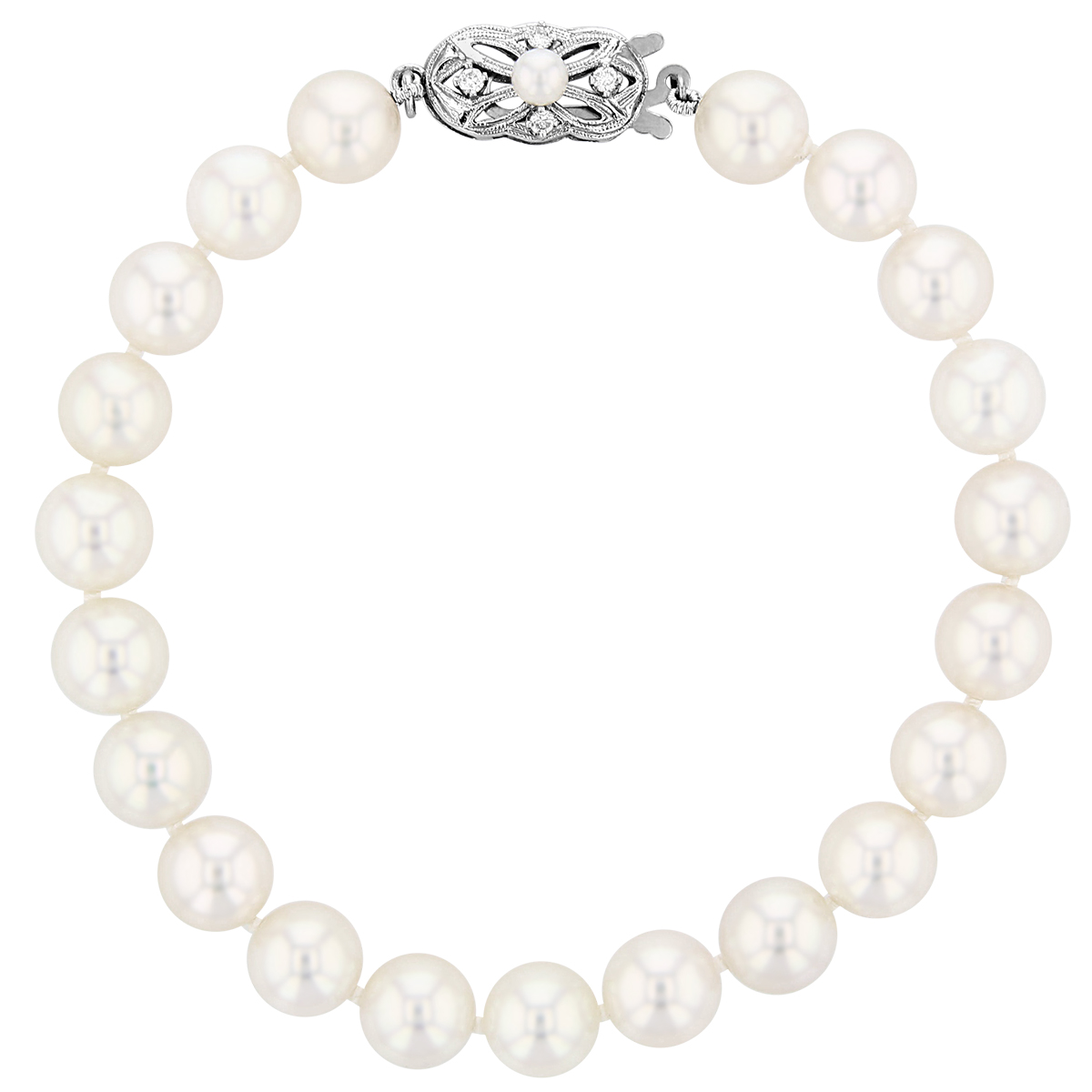 White Akoya Pearl Bracelet in White Gold with Filigree Diamond Clasp, 7.5